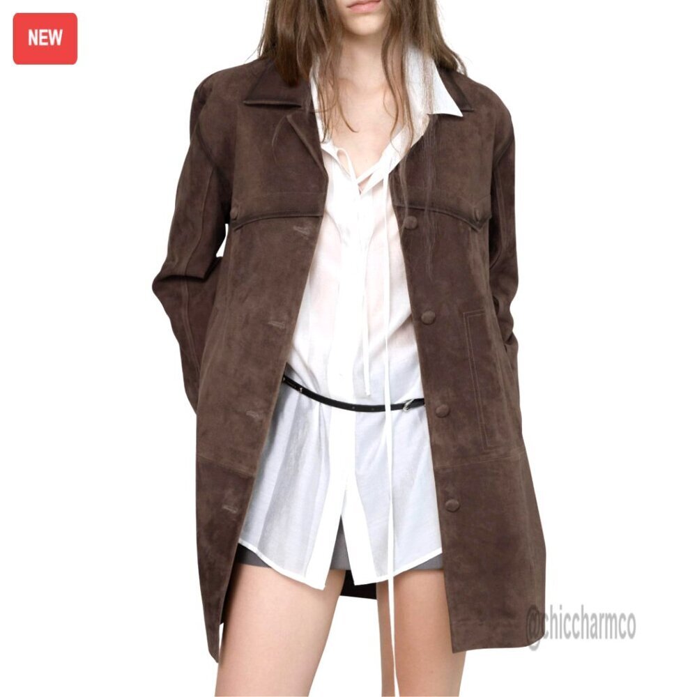 Oversized Faux Suede Shacket Jacket Lapel Collar Mid Long Coat